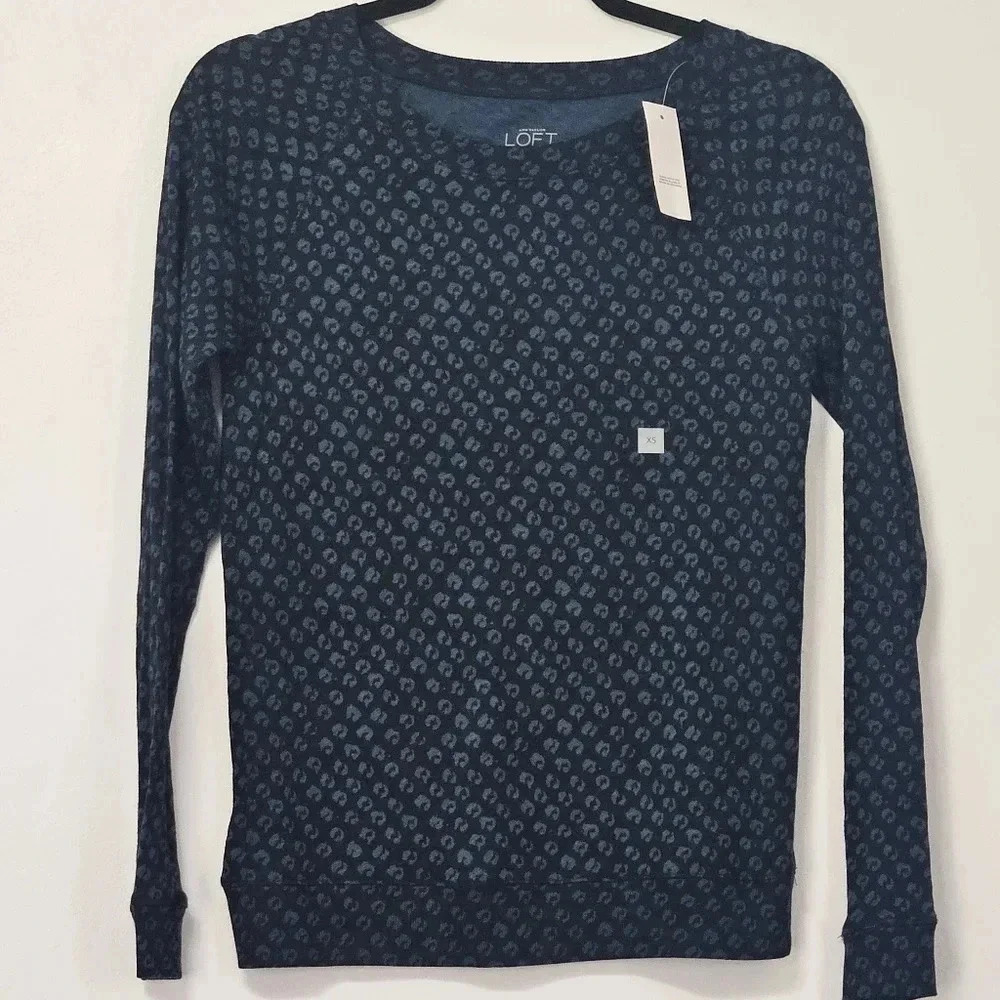 LOFT leopard print casual pullover top in dark‎ blue size XS NWT